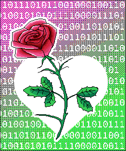 Pixel art of a rose in front of ones and zeroes.