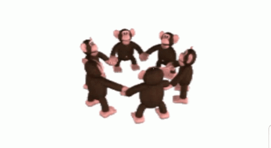 Monkeys holding hands in a circle and spinning.